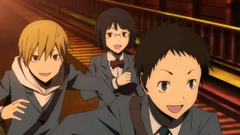 Durarara!! Main characters: (from left to right) Masaomi Kida, Anri Sonohara, and Mikado Ryuugamine