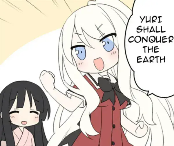 A chibi illlustration of Eris and Shizuku from Sono Hanabira. Eris is saying: &quot;Yuri shall conquer the Earth&quot;.