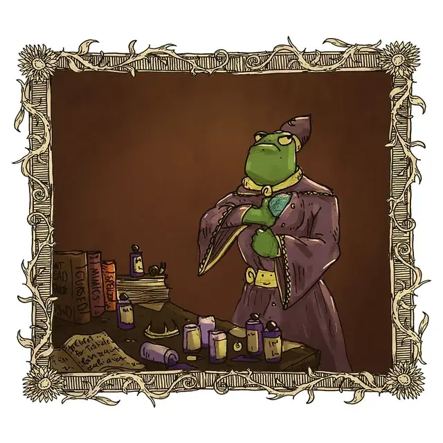 Frog wizard pocketing the crystal ball