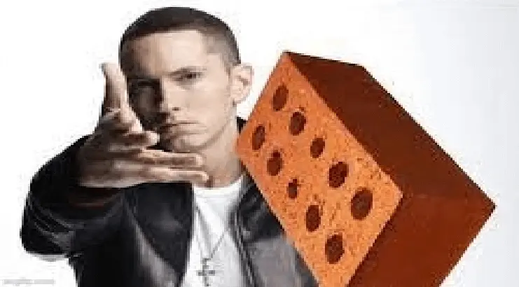 edited image of Eminem throwing a brick at the camera