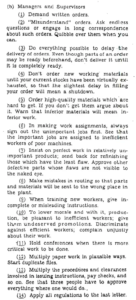 Pages 29-30 of the Simple Sabotage Field Manual aimed at &quot;Mangers and Supervisors&quot;