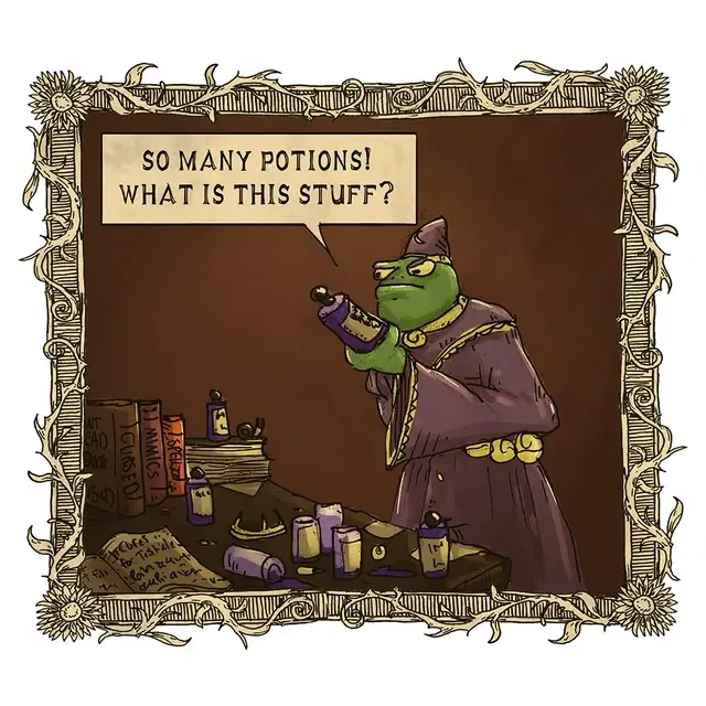Frog wizard holding a potion: &quot;So many potions! What is this stuff?&quot;