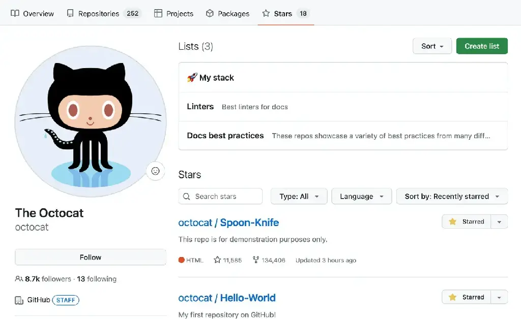 https://docs.github.com/en/get-started/exploring-projects-on-github/saving-repositories-with-stars#organizing-starred-repositories-with-lists