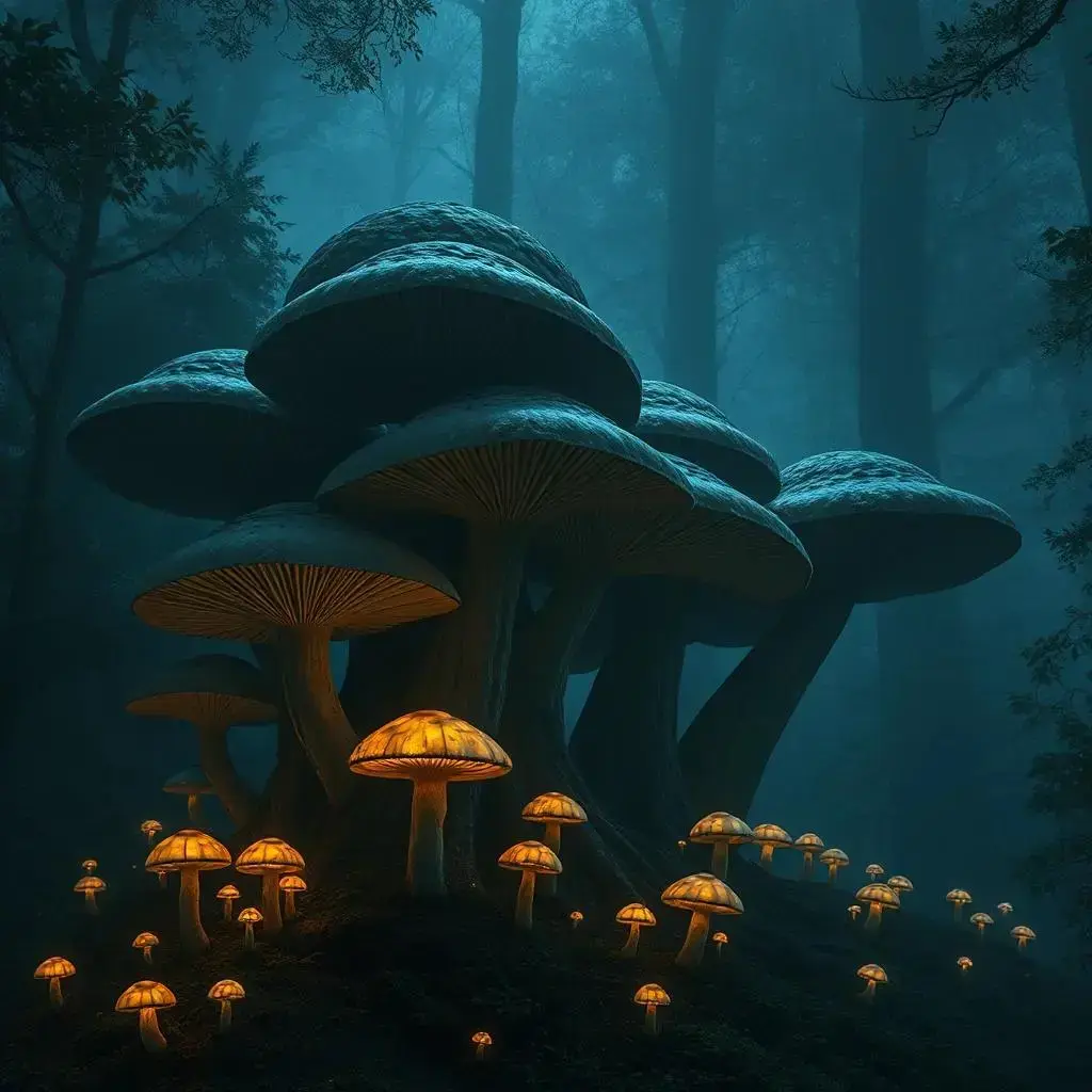 Image with seed 2552486150 generated via AI Horde through @aihorde@lemmy.dbzer0.com. Prompt: a cluster of giant mushrooms the size of trees, with smaller glowing mushrooms growing in the shadows they cast 