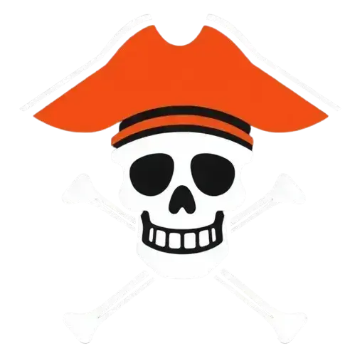 Jolly Roger: an icon of pirate jolly roger skull wearing a hat, in orange-red, black and white colors