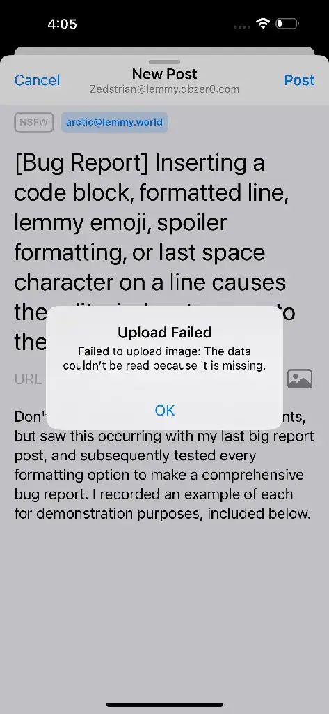 Video upload error message