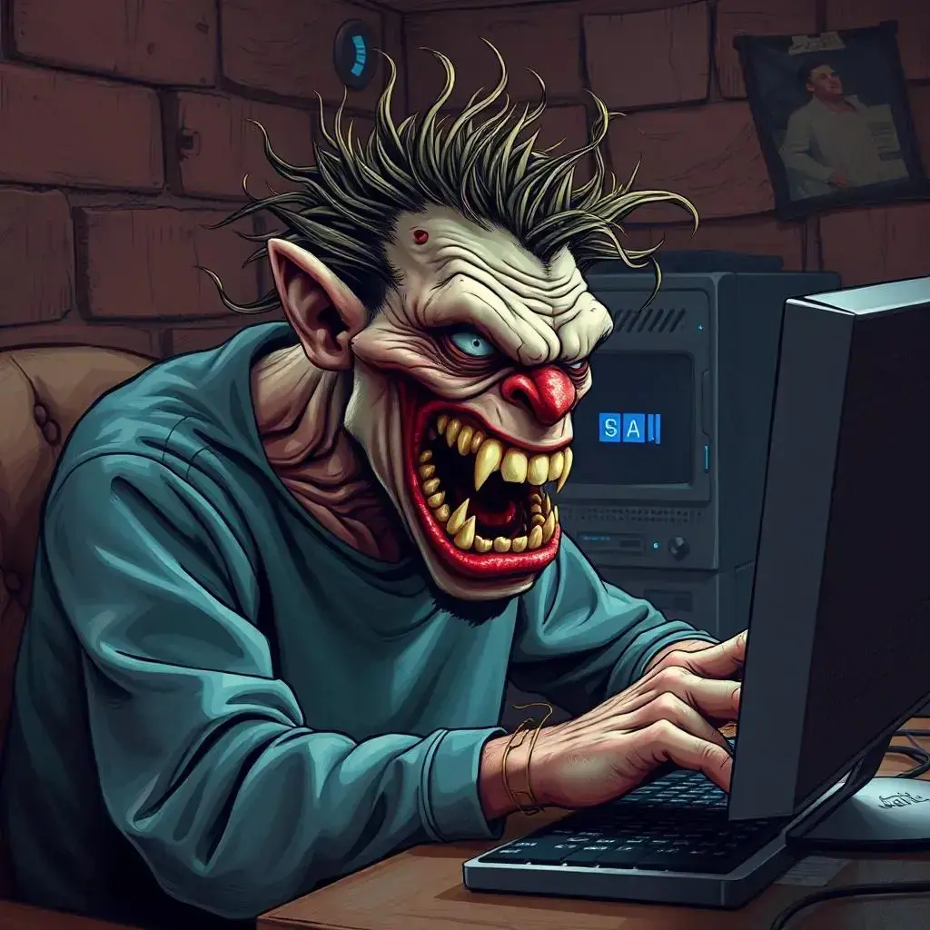 Image with seed 3751436872 generated via AI Horde through @aihorde@lemmy.dbzer0.com. Prompt: a sweaty internet troll in his mother&#39;s basement who&#39;s raging at his PC because he&#39;s mad about AI Art posts online 