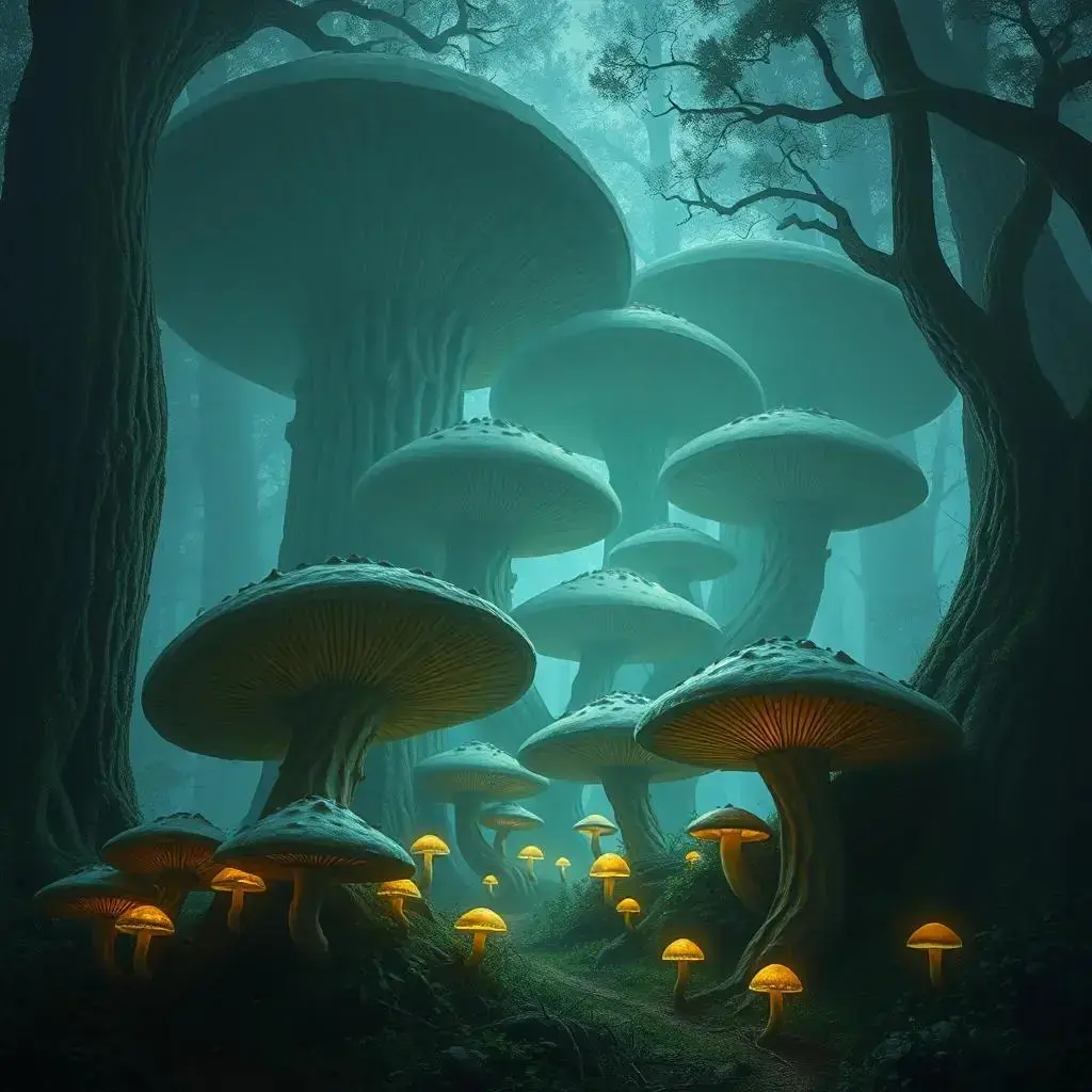 Image with seed 2552486150 generated via AI Horde through @aihorde@lemmy.dbzer0.com. Prompt: a cluster of giant mushrooms the size of trees, with smaller glowing mushrooms growing in the shadows they cast 