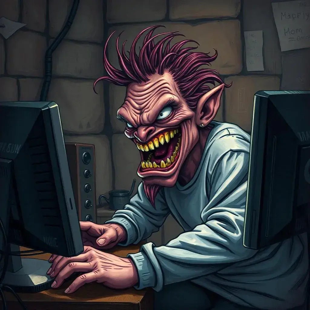 Image with seed 3751436872 generated via AI Horde through @aihorde@lemmy.dbzer0.com. Prompt: a sweaty internet troll in his mother&#39;s basement who&#39;s raging at his PC because he&#39;s mad about AI Art posts online 