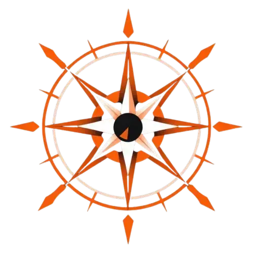 Vouched: a minimalist compass icon. Orangered color