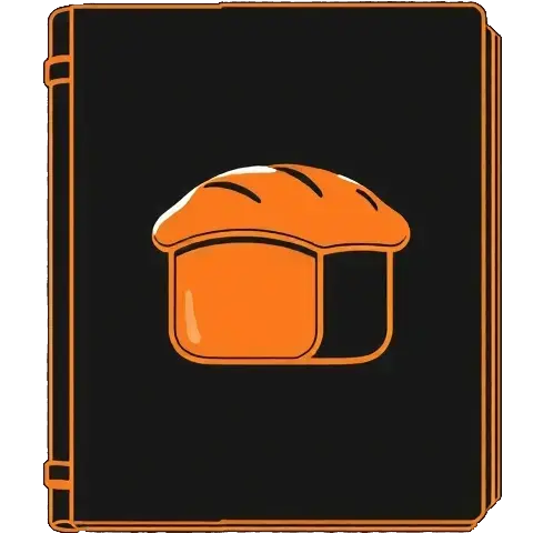 A book with a loaf of bread in the cover  in orange-red, black and white colors