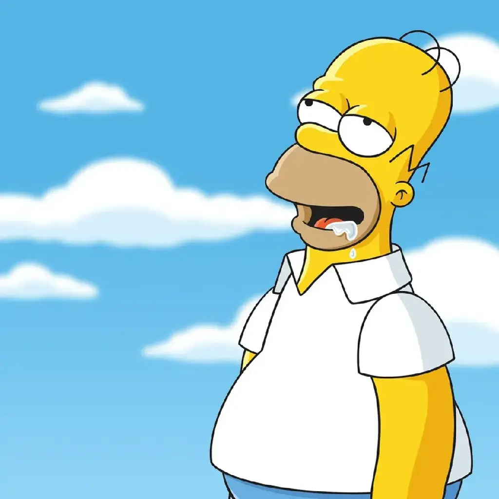 Homer Simpson staring at the sky with an absent expression on his face. He&#39;s thinking about food while drooling from his opened mouth