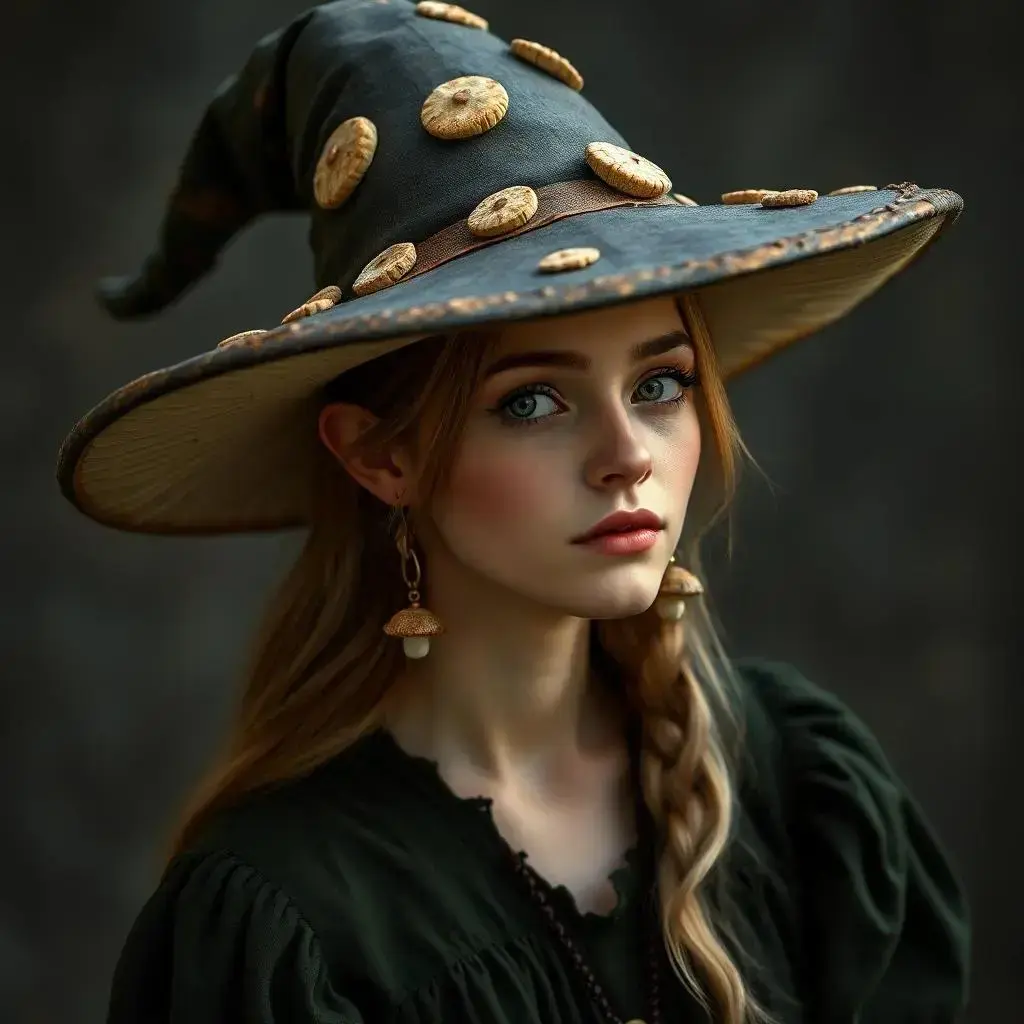 Image with seed 2565059315 generated via AI Horde through @aihorde@lemmy.dbzer0.com. Prompt: a witch in her 20s with a mushroom hat and a dark green dress, she’s wearing small mushroom earrings 