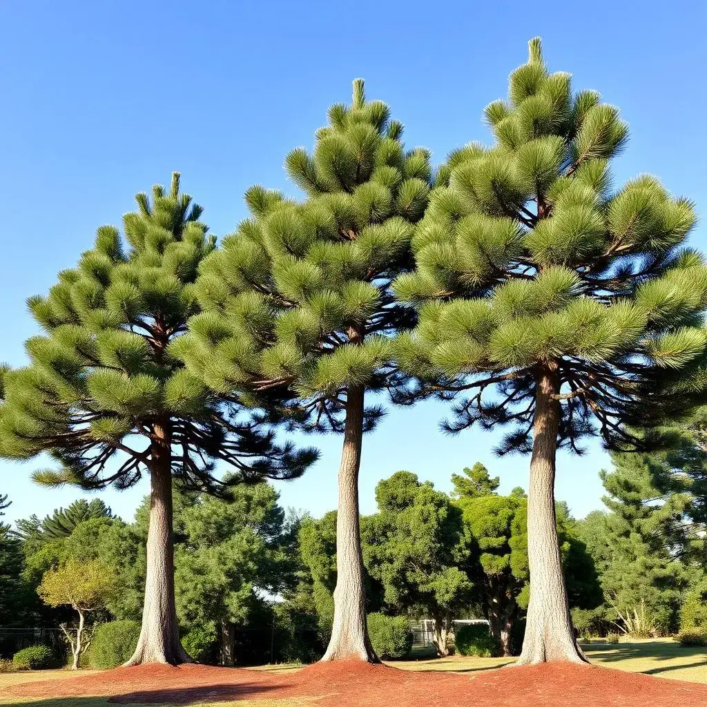 Image with seed 2535437189 generated via AI Horde through @aihorde@lemmy.dbzer0.com. Prompt: a picture of three Araucaria angustifolia trees 