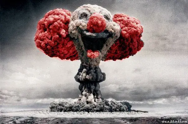 nuclear explosion cloud with a clown shape and colour