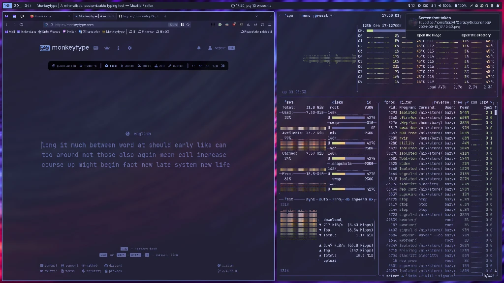 Screenshot of desktop with tiled firefox and terminal emulator running btop windows