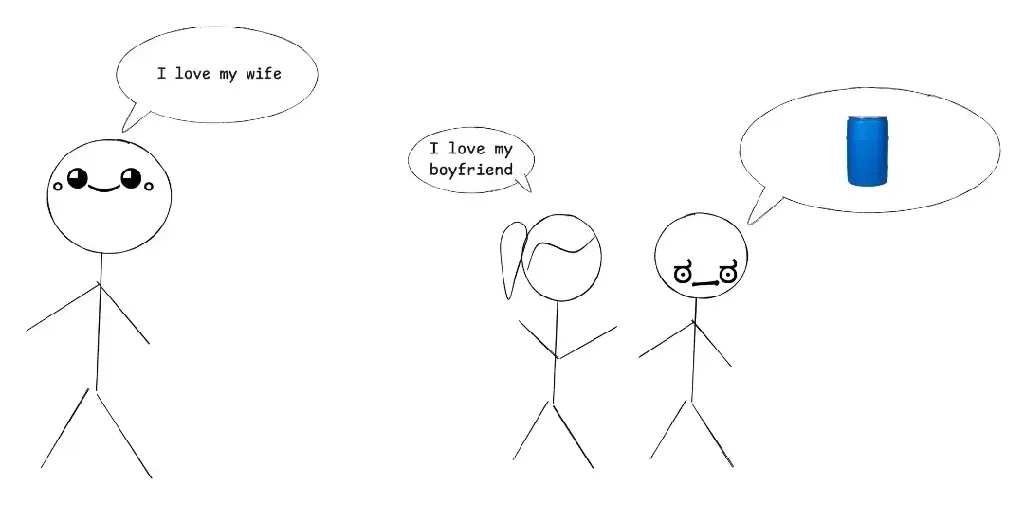 stupid stick figures where a male one says I love my wife and a female one says I love my boyfriend. The guy next to her (different from the wife guy) has a sad troll face and is thinking of a water tank