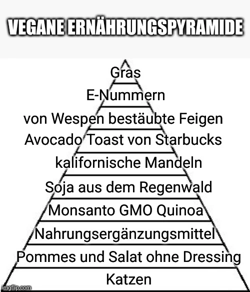 Vegane Ernährungspyramide mit lauter Kram, den sie nicht oder kaum konsumieren.