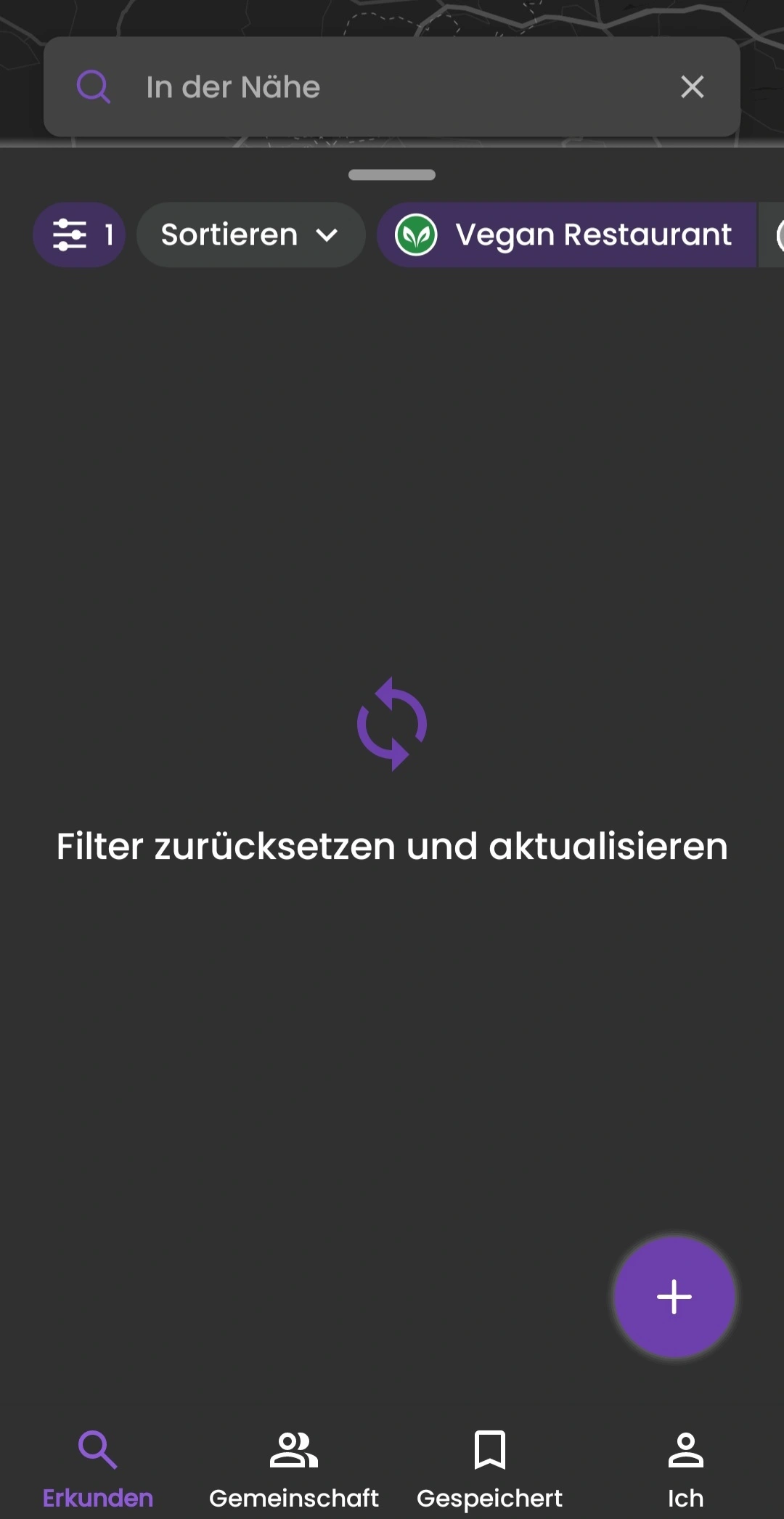 Screenshot der App "HappyCow" zum Auffinden vegan-freundlicher Restaurants. Der Filter "rein vegane Restaurants" liefert keine Ergebnisse in der Nähe.