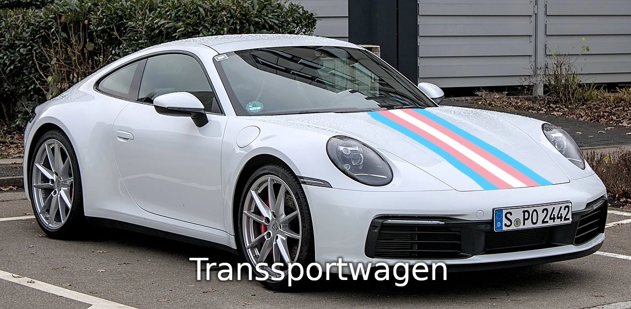 Sportwagen mit Transflagge. Schrift: "Transsportwagen"