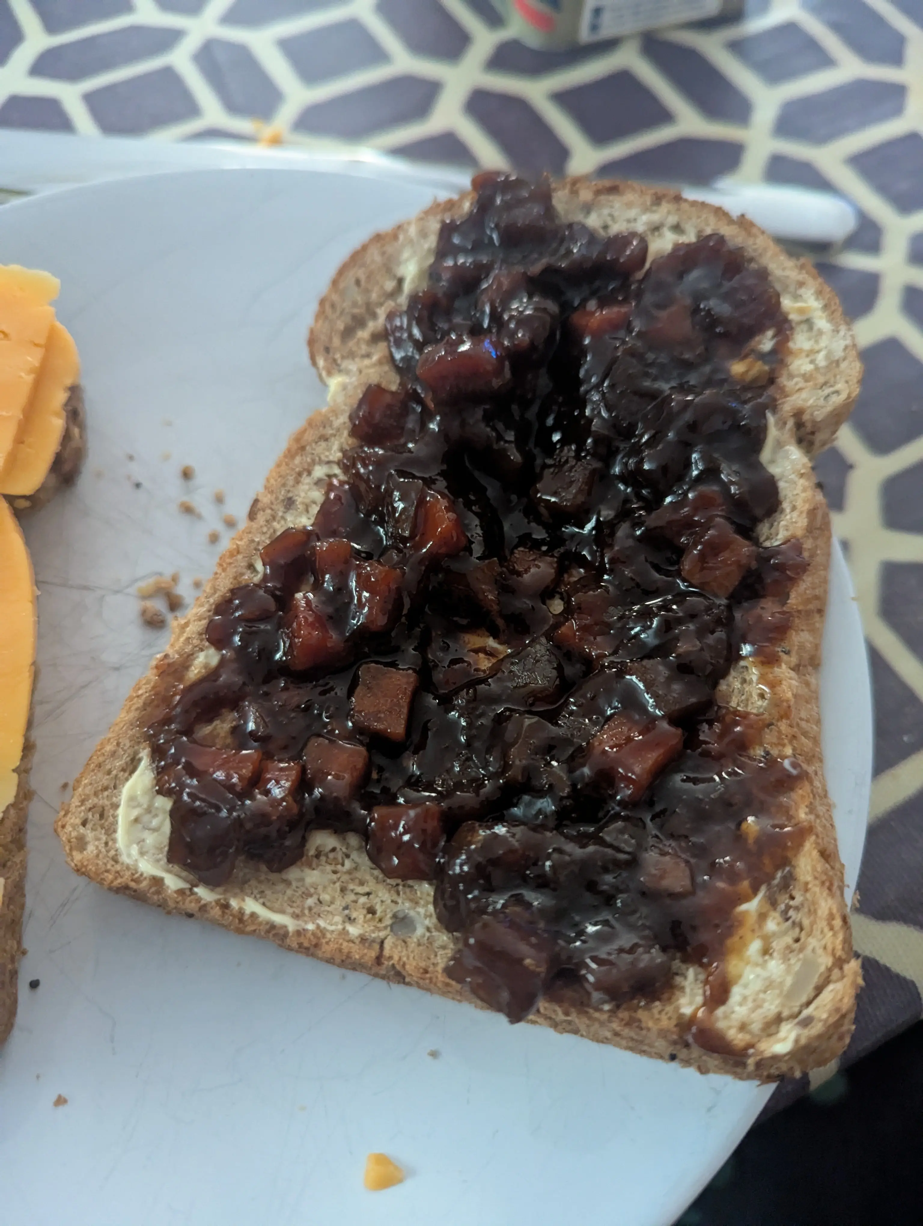 slice of bread with the perfect amount of branston on (a lot. cm thick perhaps?)