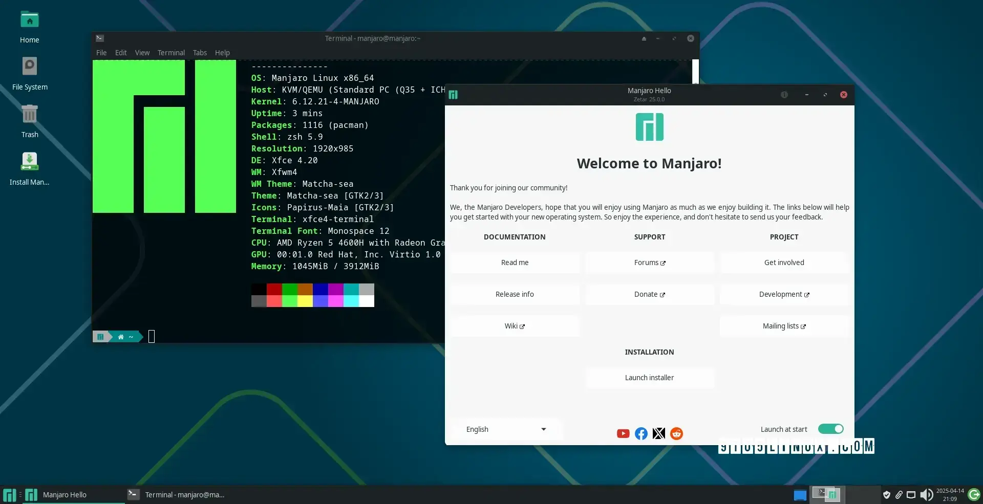 Screenshot of Manjaro 25.0 with the Xfce 4.20 desktop environment showing the Welcome app and the Xfce Terminal with an output of the neofetch command.