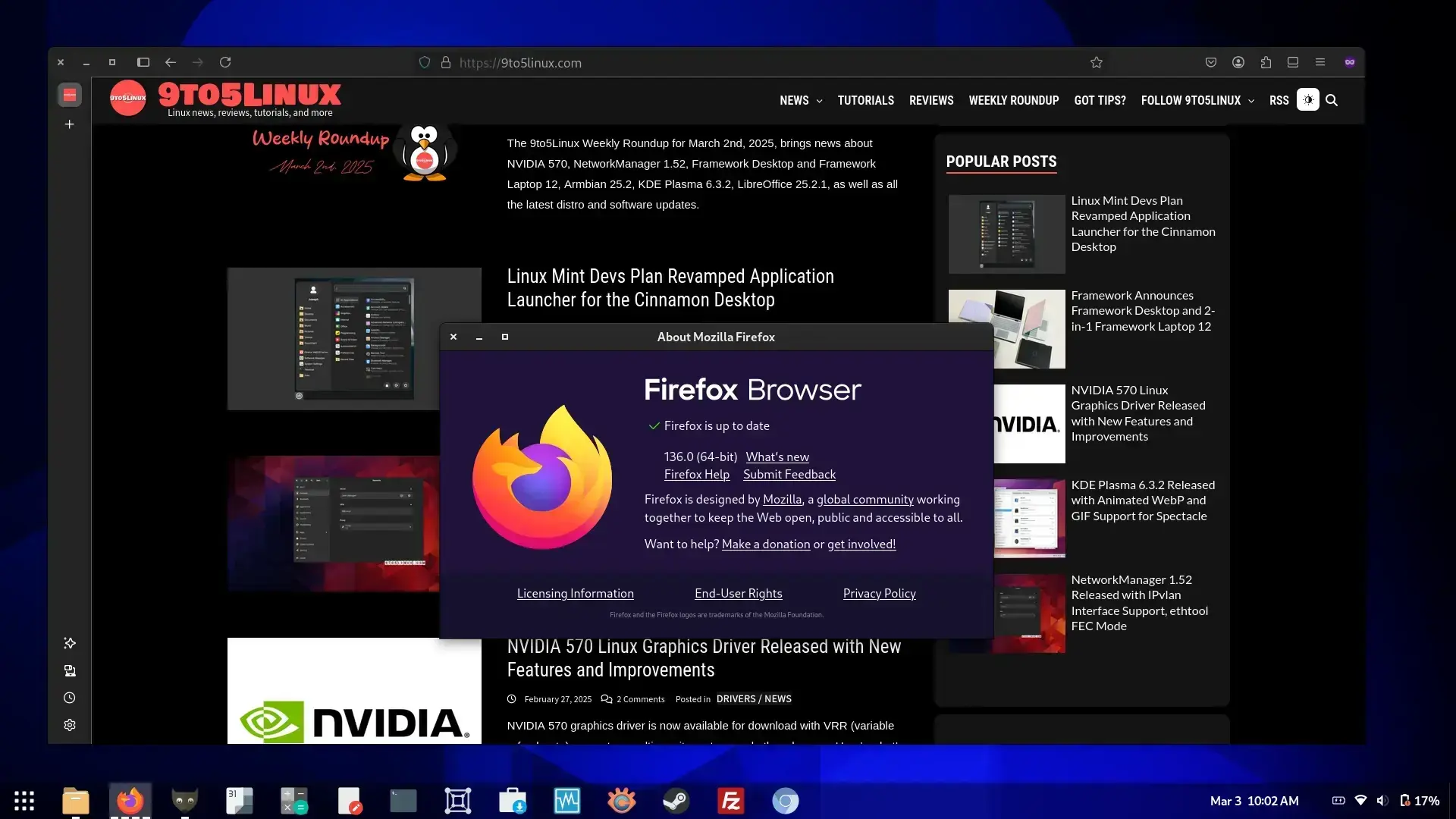 Screenshot of the Mozilla Firefox 136 web browser showing the 9to5linux.com website and the About Mozilla Firefox dialog.