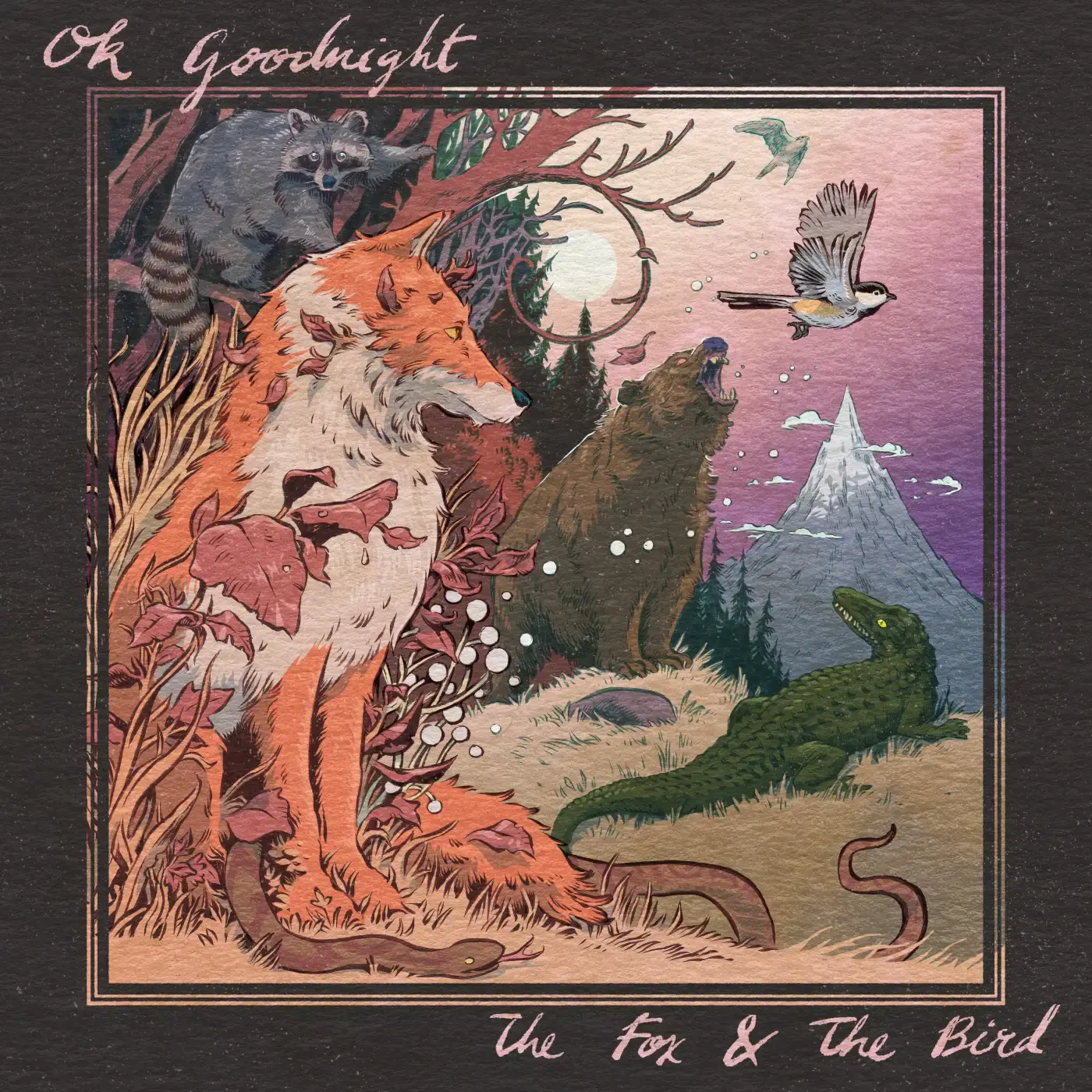 Album art for Ok Goodnight's The Snake and the Bird showing the edge of a woodland with several animals overlooking a large mountain.