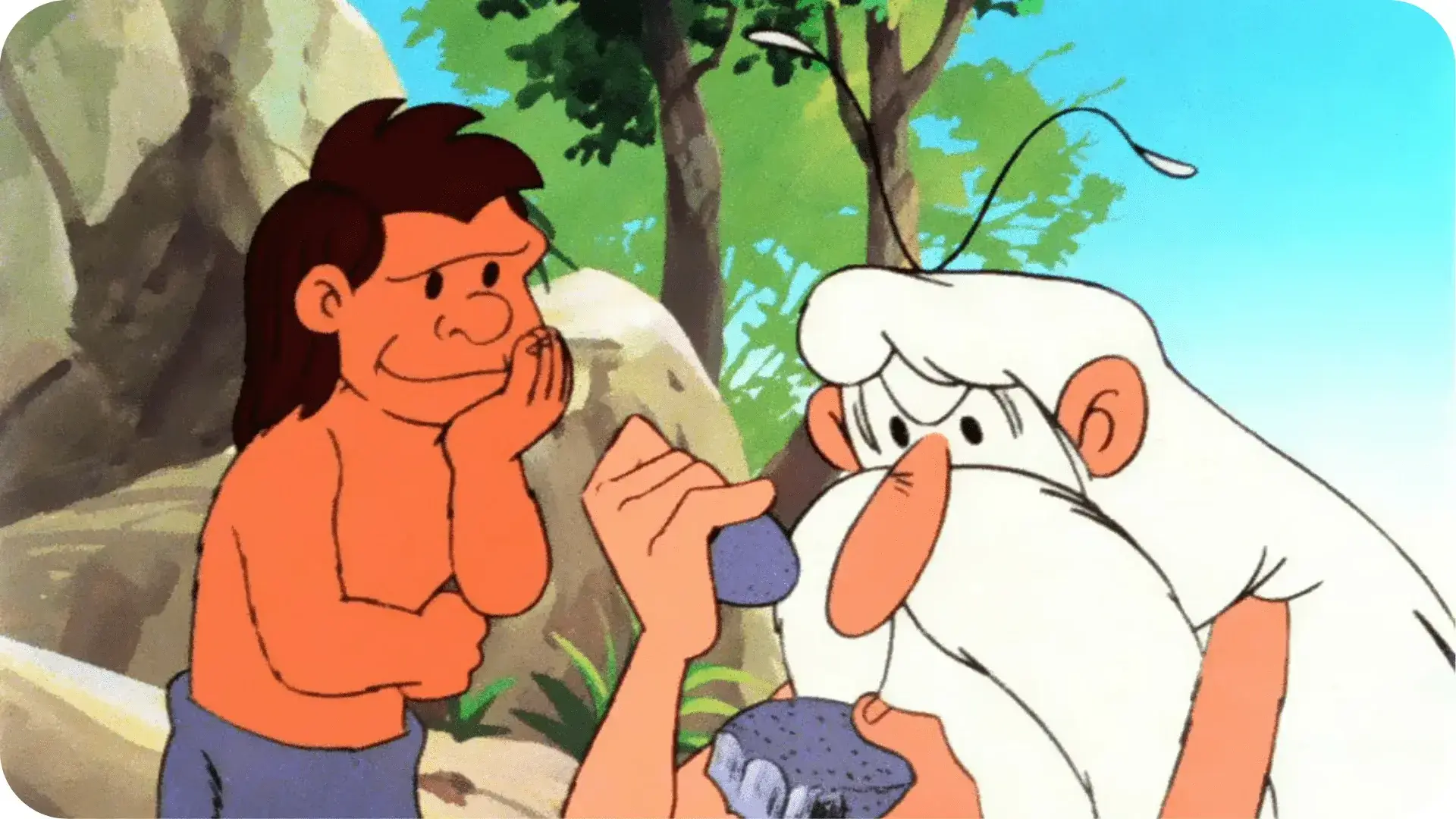 Screencap from "Once Upon a Time... Man": Maestro banging rocks next to a Neanderthal boy