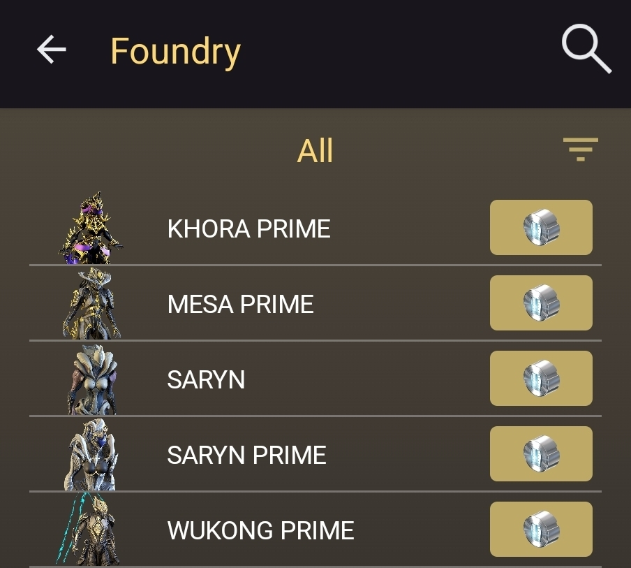Screenshot of the foundry in warframe companion, which shows four prime warframws and one normal one in progress.