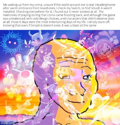 Picture of a hopeful wojack watching a sunset with mostly transparent images of various game characters overlaid on the image. Caption reads: "Me waking up from my coma, unsure if the world around me is real. Heading home after warm embraces from loved ones, I check my Switch to find Smash 6 wasn't installed. Checking everywhere for it, I found out it never existed at all. The memories of playing during that coma came flooding back, and although the game was unbalanced, with odd design choices, and characters that didn't deserve slots at all, those 6 days were the most entertaining days of my life. I simply stare off, knowing that even if Smash 6 doesn't exist, it was a blast all the same."