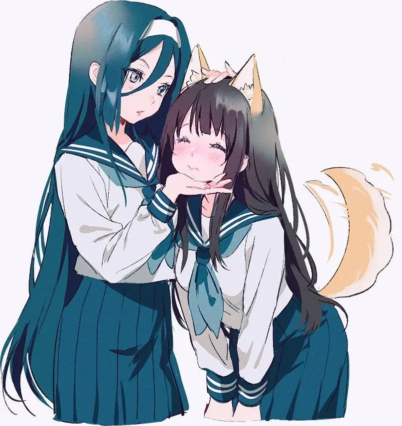 A drawing of two girls in a sailor outfit. One of them has fox ears and she's waggling her tail as the other girl rubs her chin and pats her head.