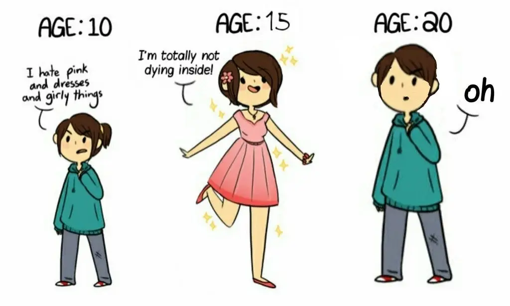 We see a timeline of a transman going from thinking he is a girl to realizing he is a man. At age 10 he expresses a disinterest in grily things, then at 15 he has tried his best to present and live as a girl, and finally at 20 he has short hair and is wearing a dysphoria hoodie as his egg cracks.
