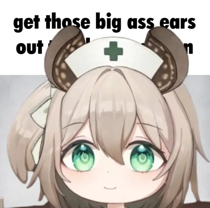 A meme saying "get those big ass ears out" with the rest of the text being obscured by Nimi's ears.