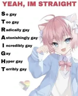 Picture of a catgirl with the caption "YEAH, IM STRAIGHT". Next to her the letters of straight are laid out and each letter is the initial of something. "So gay", "Too gay", "Radically gay", "Astonishingly gay", "Incredibly gay", "Gay", "Hyper gay", "Terribly gay"