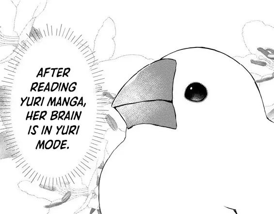 Crop of a panel from Yuri Yuri Panic showing a little white bird with the caption: "After reading yuri manga, her brain is in yuri mode."