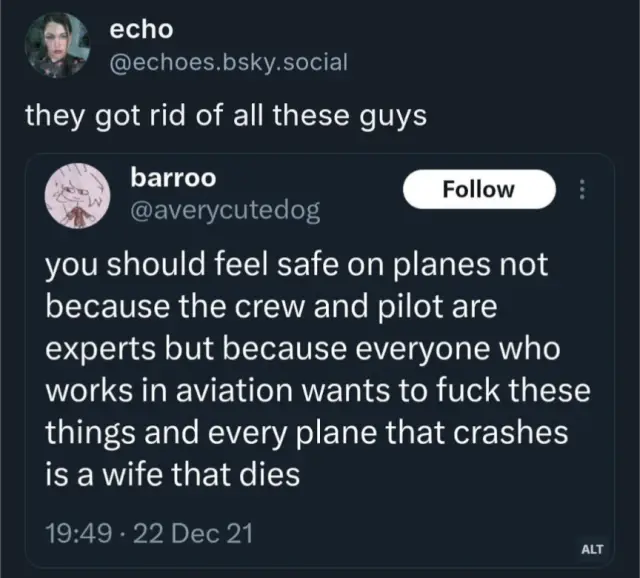 Echo on bluesky says "they got rid of all these guys" with a screenshot from 2021 twitter of barroo saying "you should feel safe on planes not because the crew and pilot are experts but because everyone who works in aviation wants to fuck these things and every plane that crashes is a wife that dies"