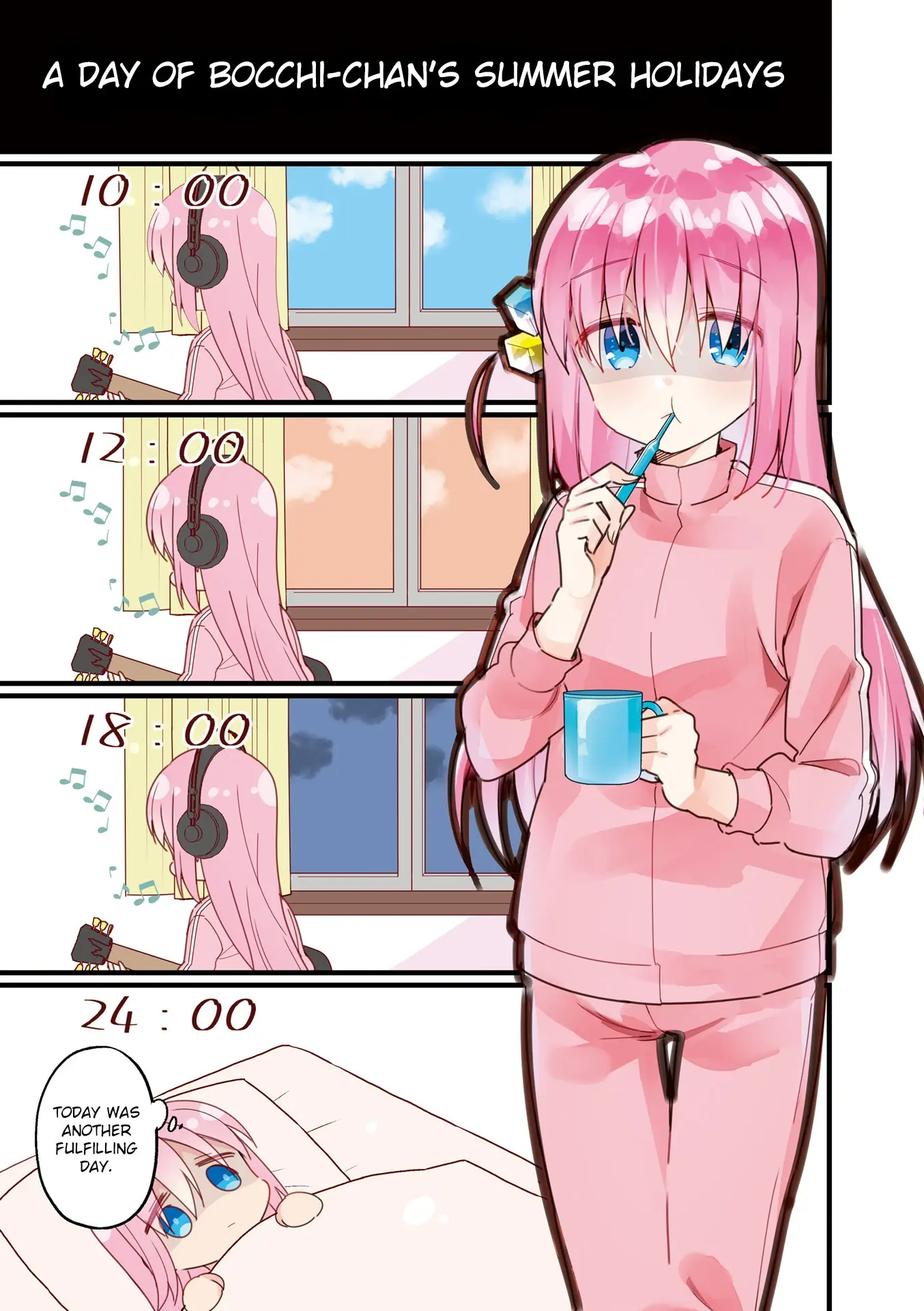 A page from Bocchi the Rock titled "A day of Bocchi-chan's summer holidays" with Hitori playing guitar from 10 am up to 6 pm. At midnight she's laying in a bed thinking "Today was another fulfilling day."