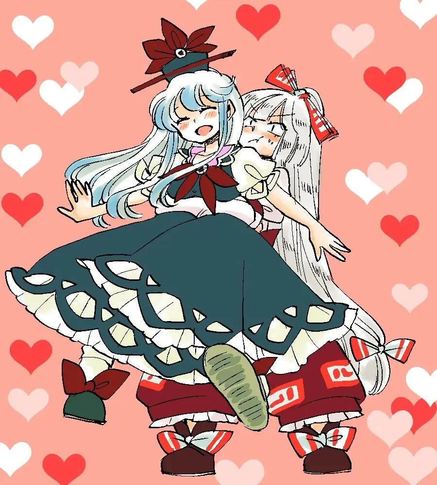 A drawing of Keine and Mokou from Touhou. Mokou is lifting Keine by the waist from behind. Keine is smiling, Mokous's face is red from the effort. The background is full of red and white hearts.