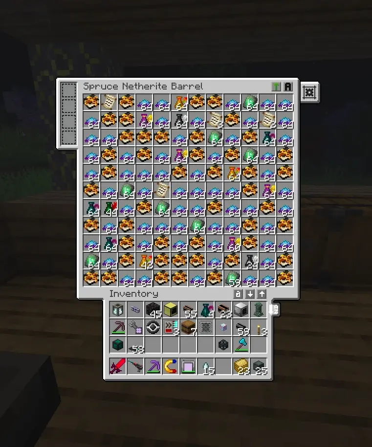 netherite chest full of arcane essence and grimore of evokation, oversaturated from HDR on Linux being weird, some evokaton runes