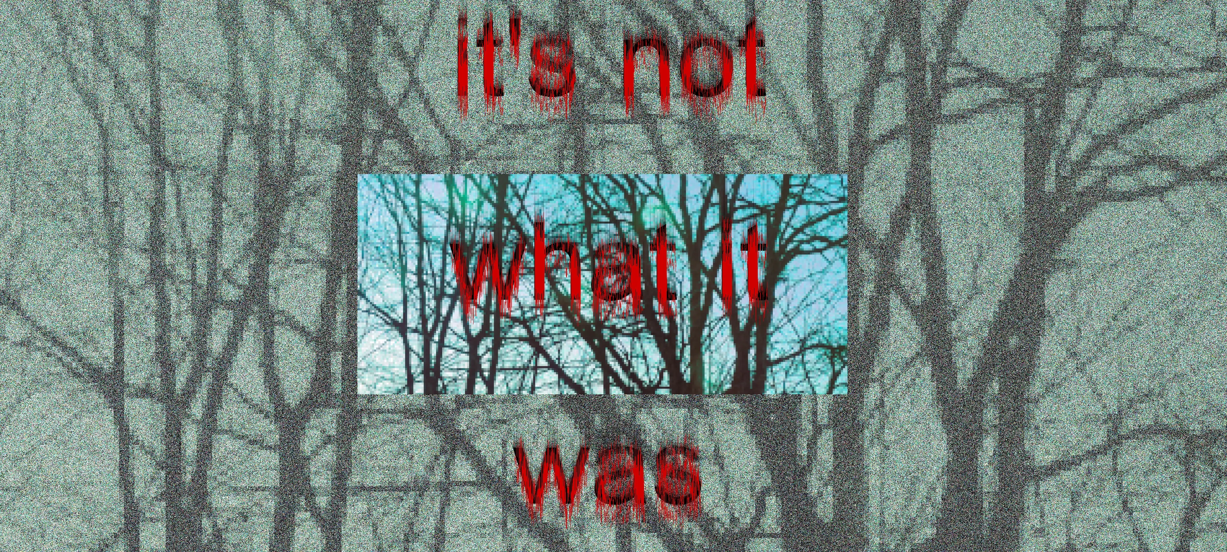 tangled branches against a grey sky, dim and grainy. in the center is the same image smaller and with a bright blue sky. red and black distorted text reads "it's not what it was"
