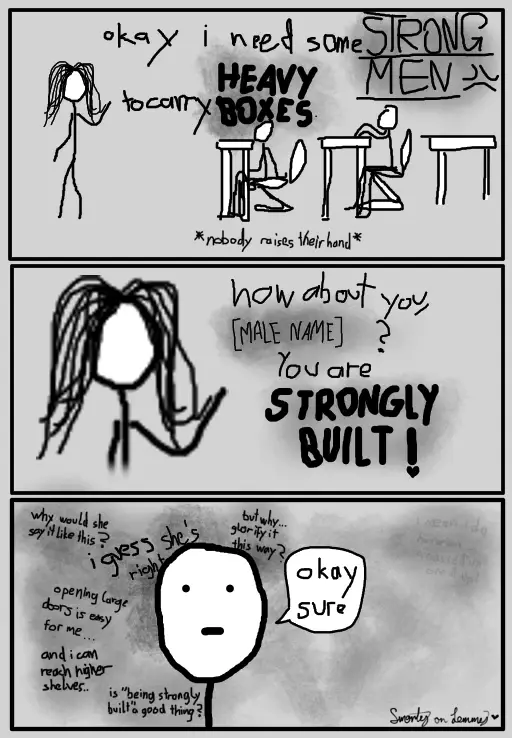 three panel greyscale comic drawn digitally with low resolution. first panel: woman on left says "okay i need some strong men to carry heavy boxes". two people sit in chairs at desks. looks like classroom. below: "*nobody raises hand*". second panel: zoom in on woman saying "how about you, [MALE NAME]? You are strongly built!". Third panel: close up of one person, simple face, with thoughts in the background saying: "why would she say it like this?", "i guess she's right", "opening large doors is easy for me...", "and i can reach higher shelves", "but why glorify it this way?", "is being 'strongly built' a good thing?". and one thought far removed from the others saying "i mean i do hav a dick... a messed up one at that". Bottom right has sign saying "Smorty on Lemmy" with a heart next to it.
