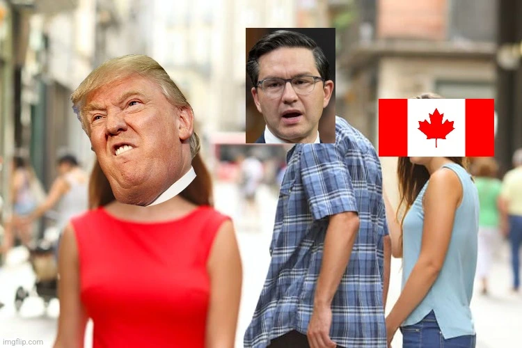 distracted bf meme with Polievre cheating on Canada w trump