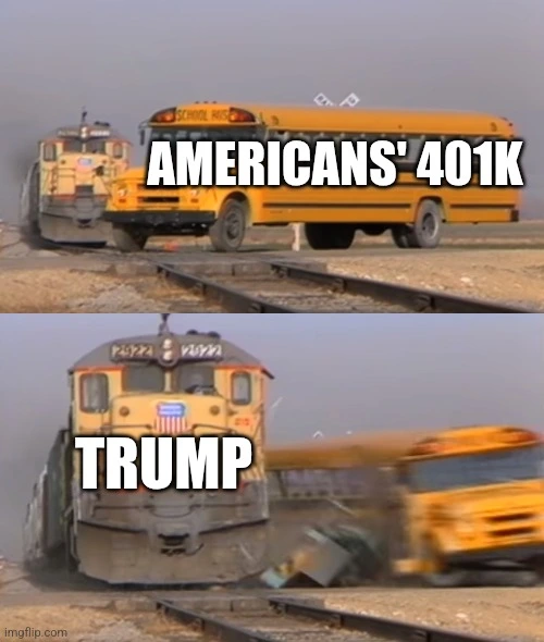 train crash bus meme, trump crashing Americans' 401k.