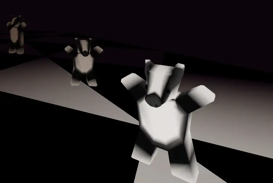 A scene with vertex colors. 3 low-poly badgers are on screen, each with different brightness levels due to their placement in the scene.