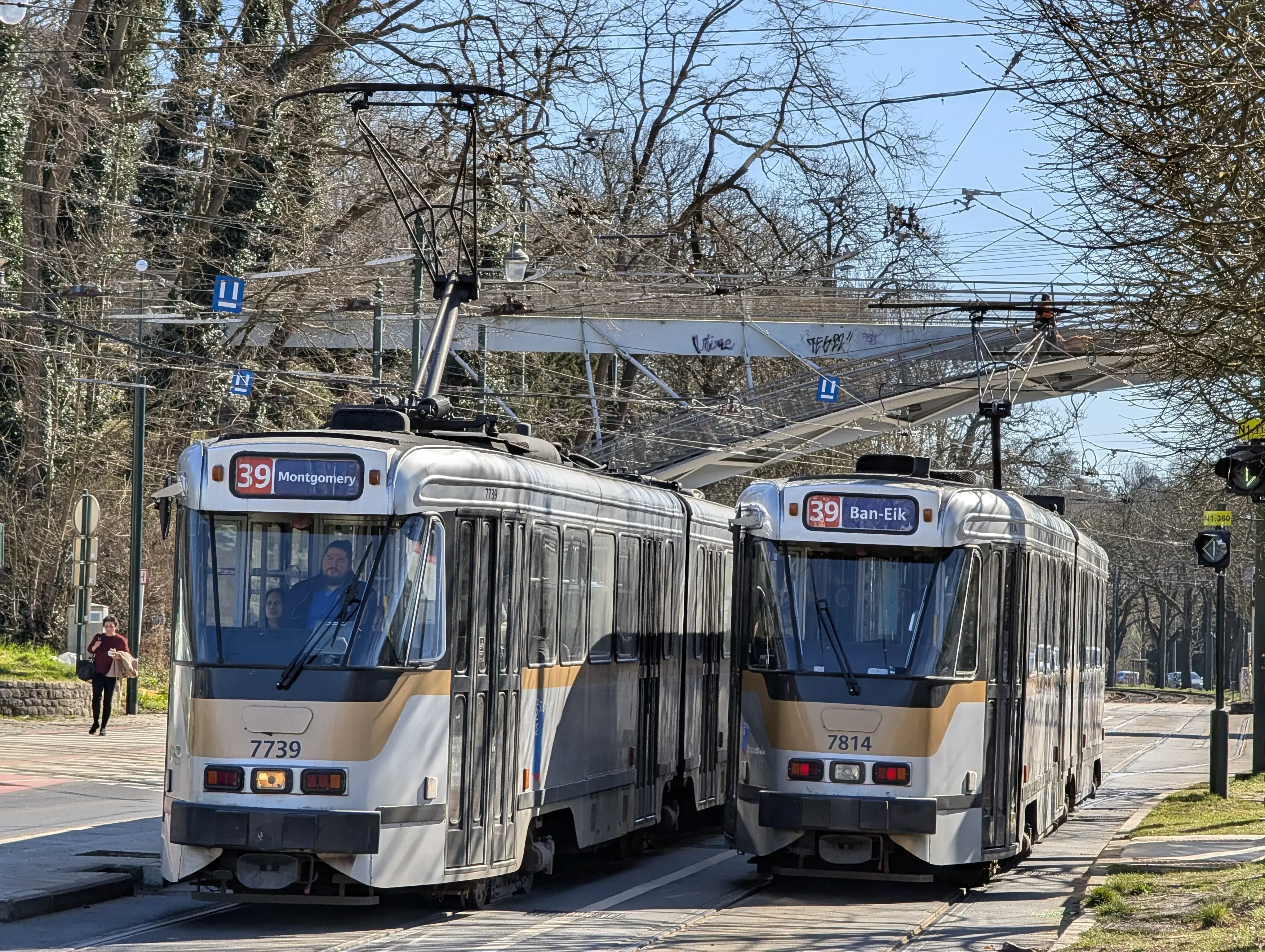 Two trams of the PCC type passing by each other. in the background trees and a bridge over the street and the tracks