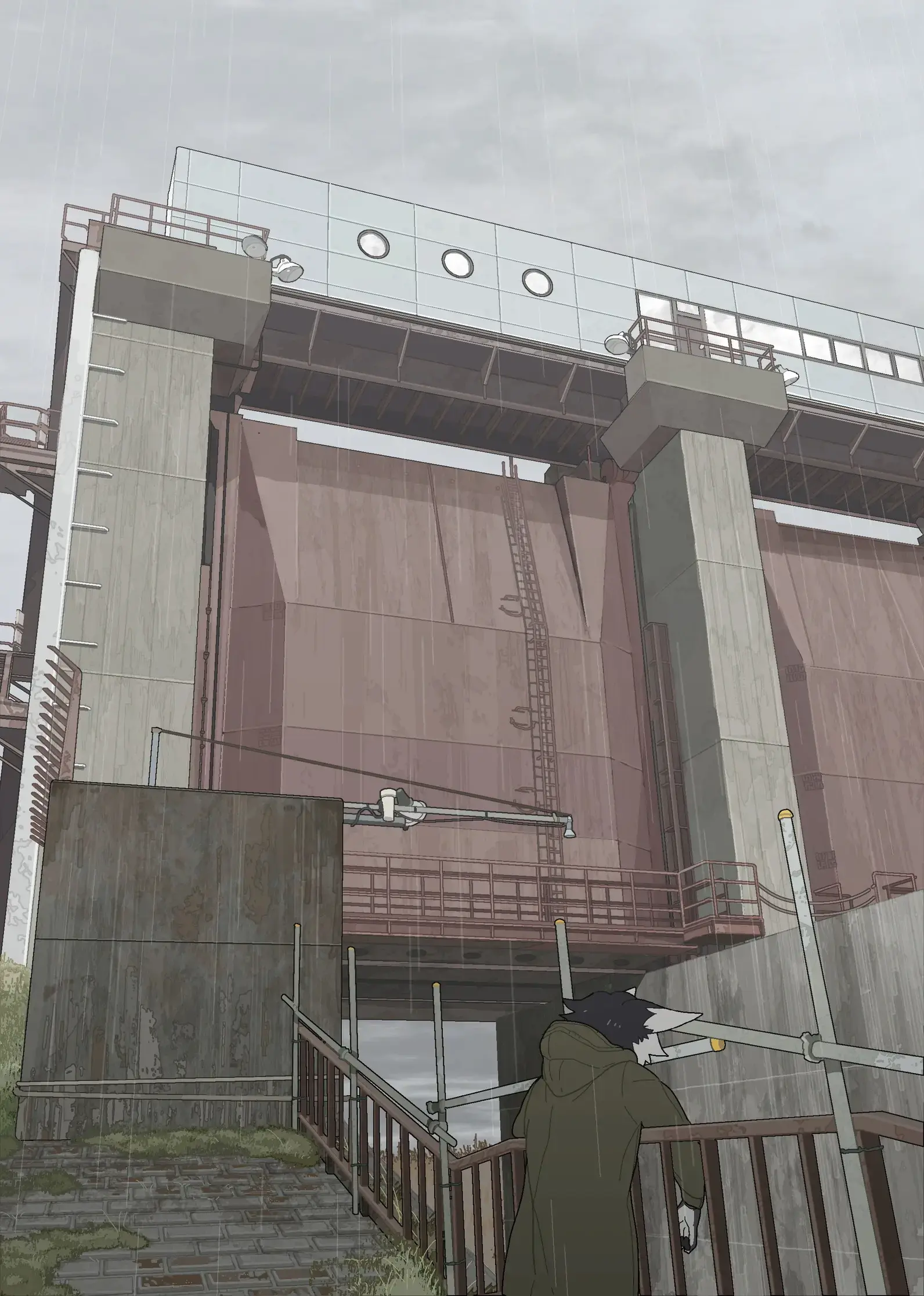 (artist is taracod) image depicts a drawn melancholy landscape with what appears to be a dam spillway floodgate in the fully open position, in rainy weather, with a furry character standing against a railing nearby the gate. (wow look at me go, trying so hard with accessibility yay me!)