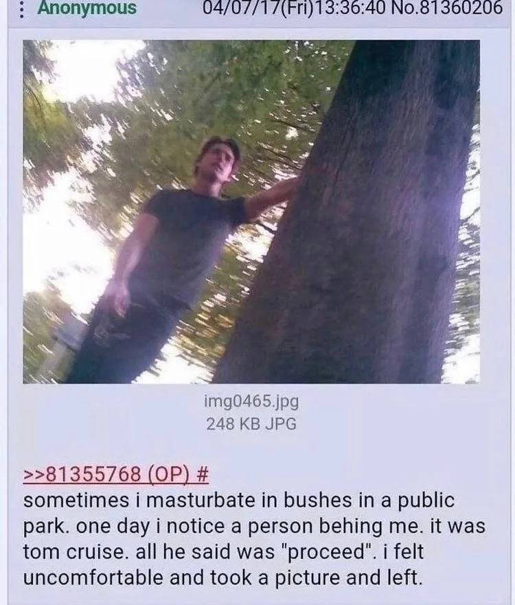 4chan post that says "sometimes I masturbate in the bushes in a public park. one day I noticed a person behind me. it was Tom Cruise. all he said was "proceed" . I felt uncomfortable and took this picture and left."

There's an attached shaky picture of what looks like Tom Cruise leaning against a tree.