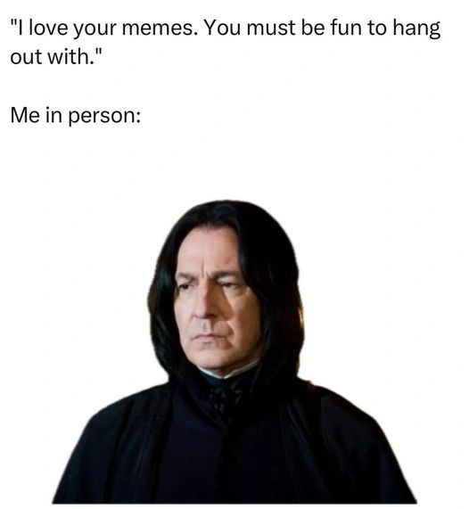 love your memes, you must be fun to hang out with. Me: a picture of Snape from Harry potter