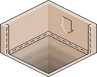 cutout of a floorless, tan coloured isometric room with a debossed arrow pointing down on one of the far walls